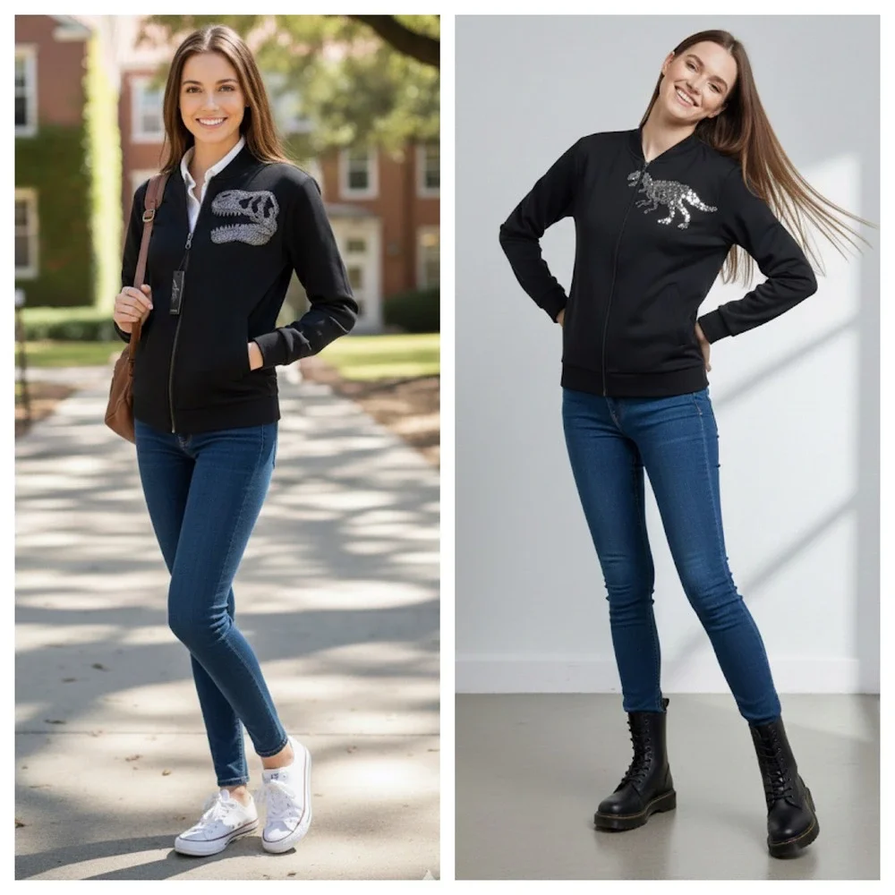 New Arieta Bomber Women Black Beaded Dinosaur Skull Athleisure Sz M Grunge NWT - Picture 6 of 17